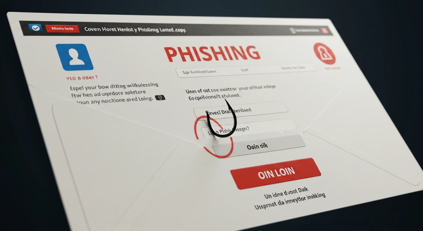 A website interface, with a fishhook symbolizing the phishing attempt.