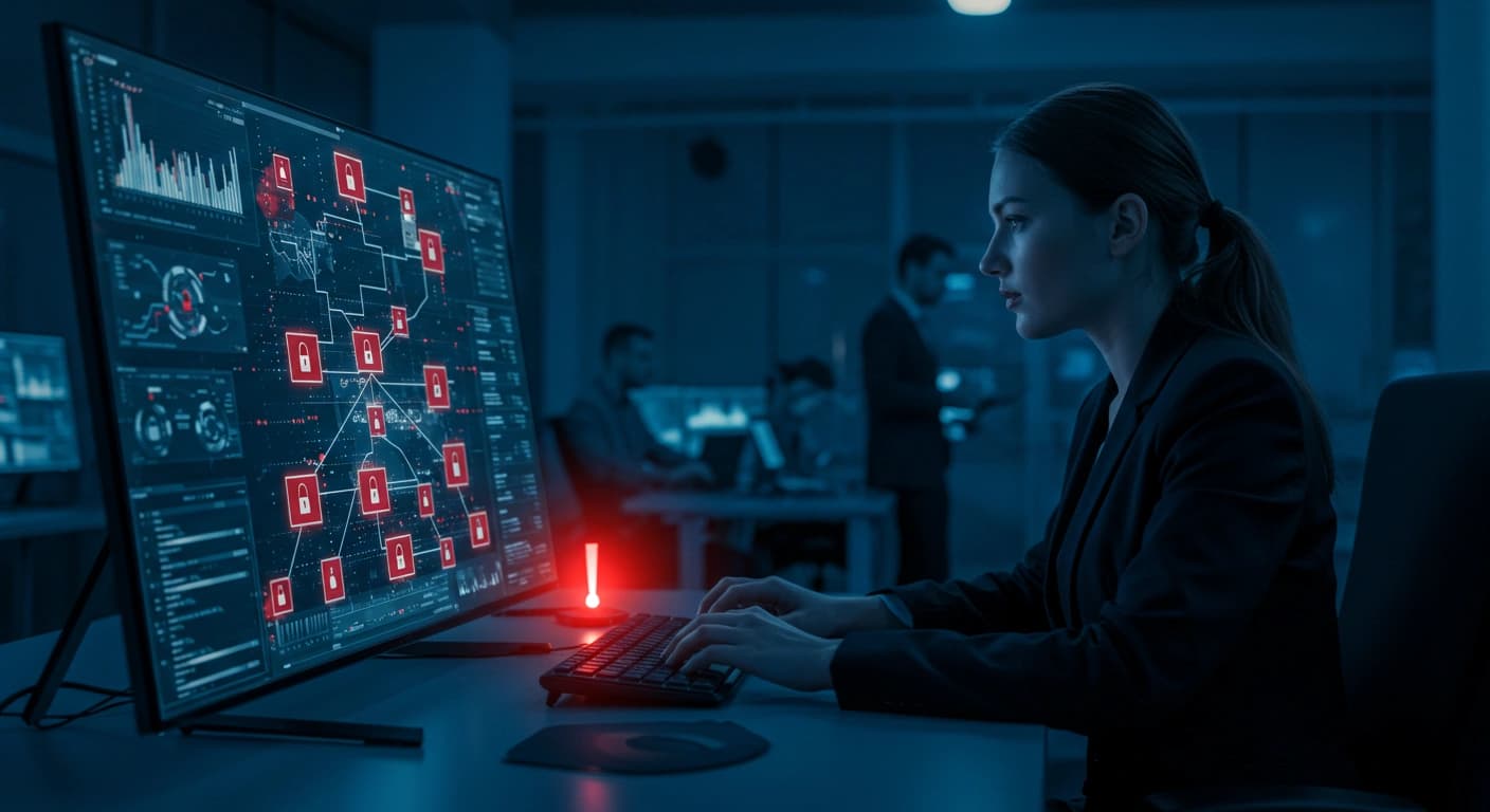 Image of a rapid emergency response scenario with cybersecurity professional working in front of a digital screen.