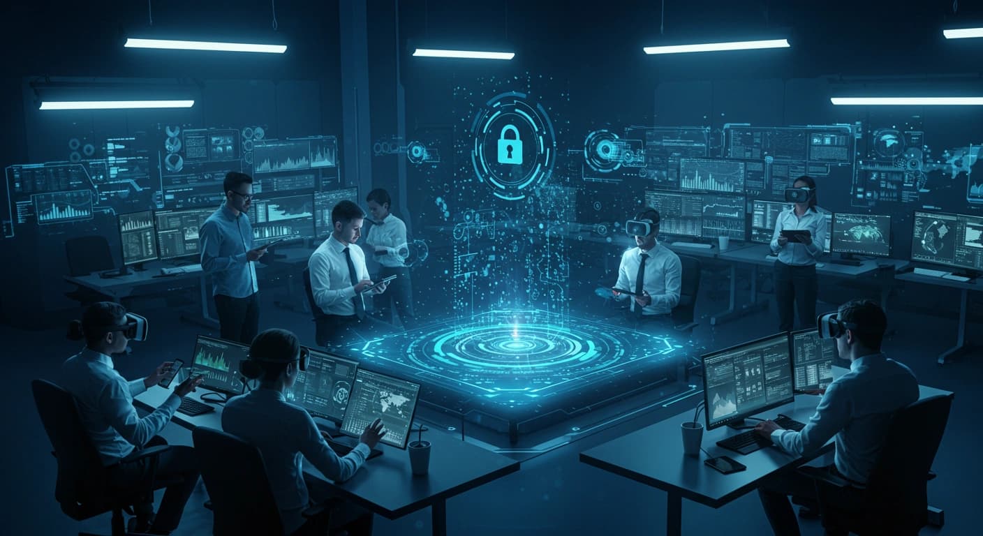 An image of a sophisticated monitoring system, with data flowing through a centralized platform, and cybersecurity professionals analyzing the information.