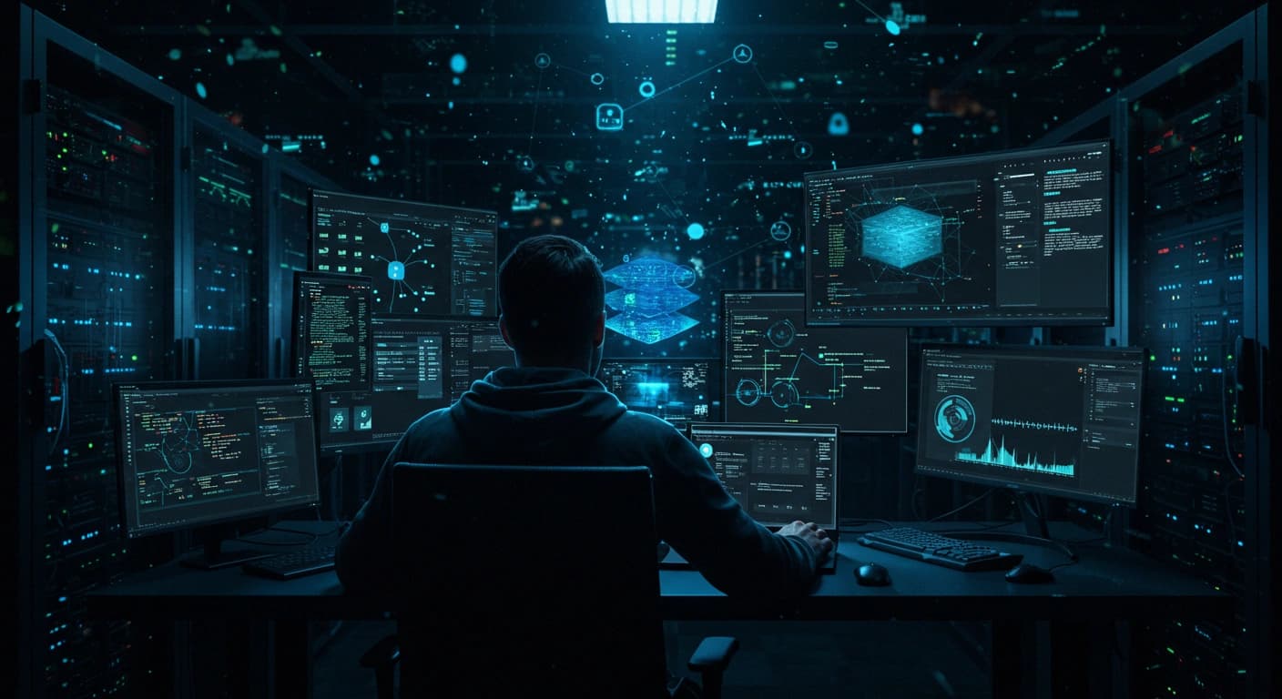 Stealthy cyberattack demonstration, showing a sophisticated hacker's tools and multiple layers of security being bypassed.